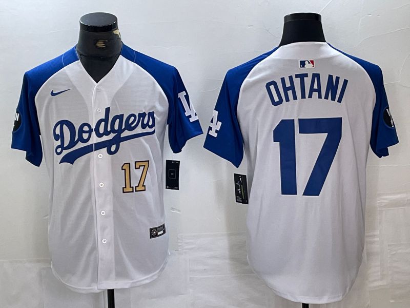 Men Los Angeles Dodgers #17 Ohtani White blue Fashion Nike Game MLB Jersey style 4->->MLB Jersey